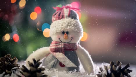 Animation-of-snow-falling-over-snowman-and-pine-cones