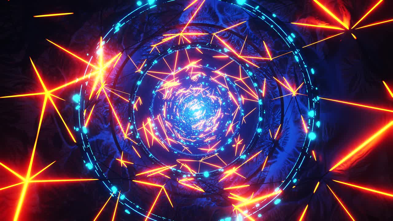 Volo attraverso un tunnel al neon con anelli. Animazione in loop infinito