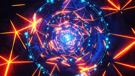 flying through a neon tunnel with rings. infinitely looped animation