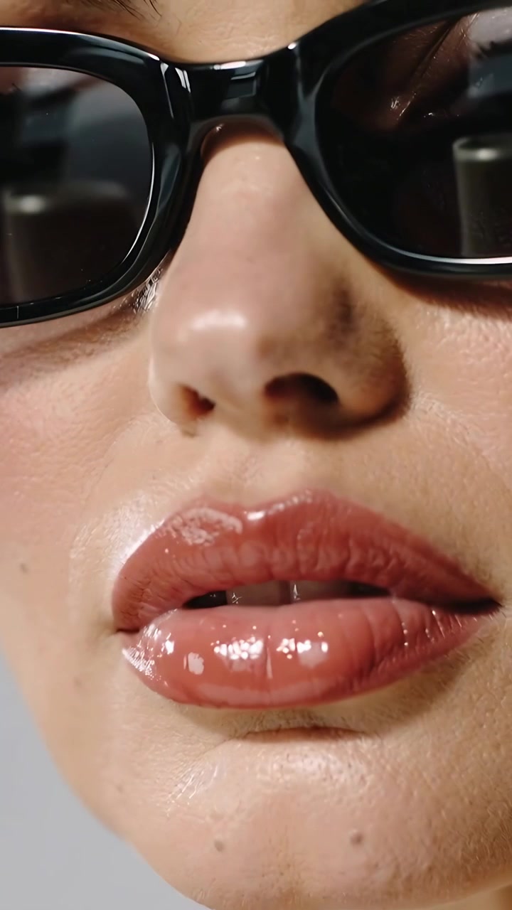 Video verticale: Inquadratura di una modella che muove le labbra in studio, con rossetto color corallo e occhiali da sole che riflettono le luci.