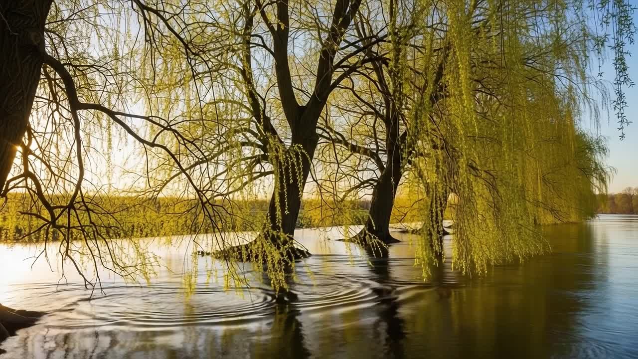 Serene Reflections of Willow Trees on Calm Waters at Sunset Capturing the Tranquil Beauty of Nature's Glow and the Lushness of Spring's Emergence