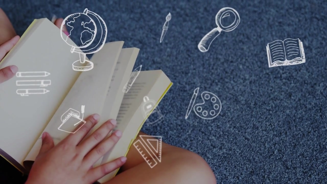 Bambino che sfoglia le pagine mentre studia sul tappeto, con icone scolastiche che appaiono accanto a un libro aperto