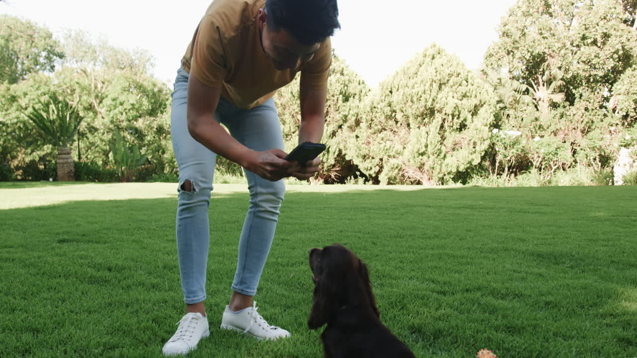Man photographing playful dog in park, capturing joyful outdoor moments