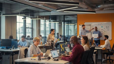 engaging collaborative work environment: team members discussing ideas and projects in a modern office space with technology and active communication