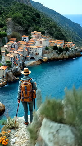 hiker overlooking a picturesque coastal village surrounded by water