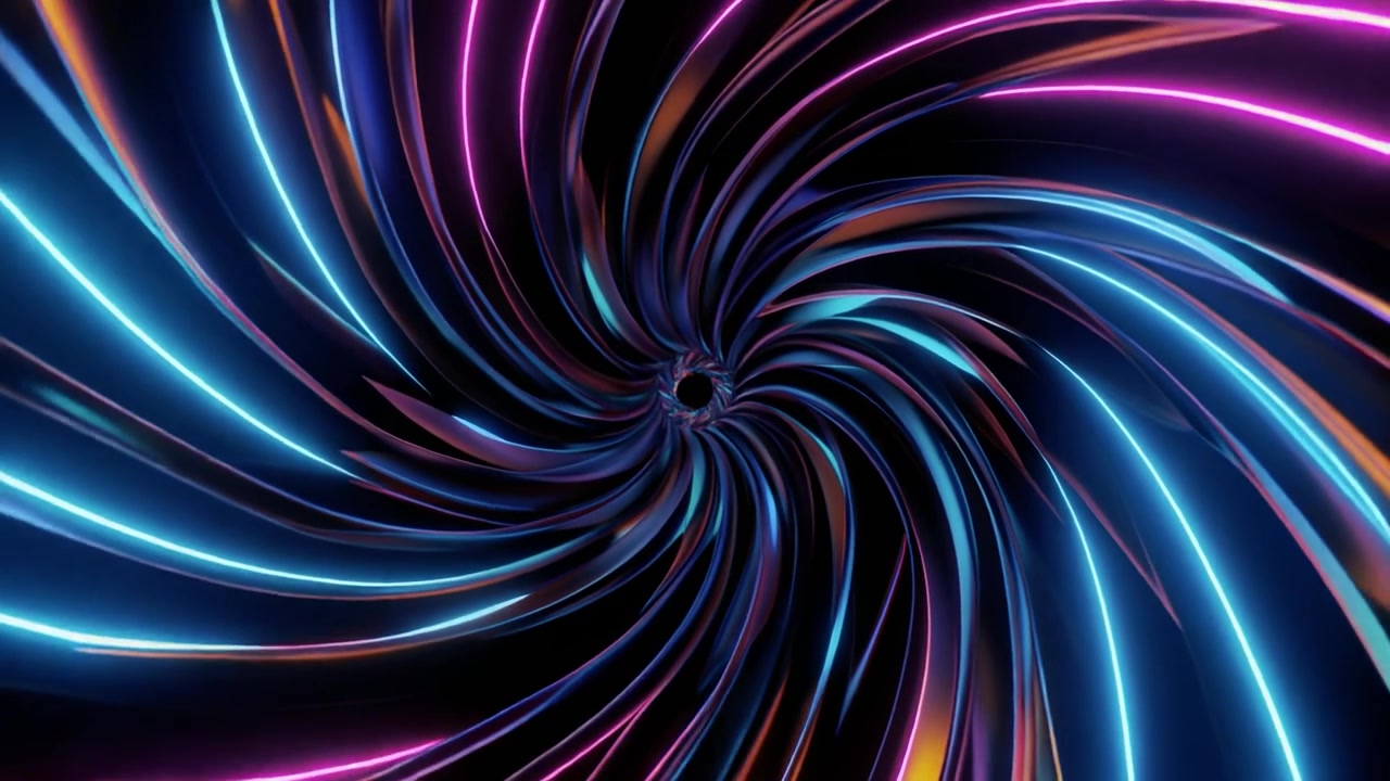 Tunnel astratto di luce al neon con movimento a spirale rotante
