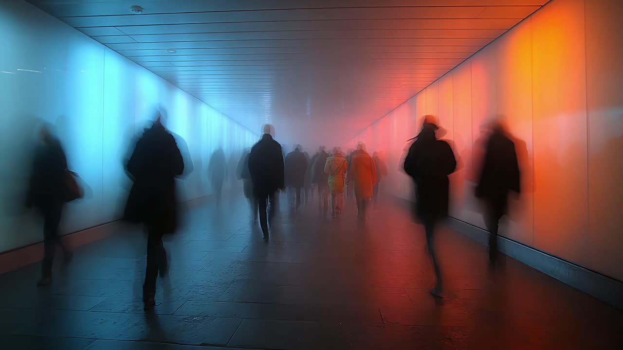 A Mysterious Urban Passage: Silhouetted Figures Moving Through an Atmospheric Alleyway Illuminated by Colorful Light and Fog in a Modern City Setting