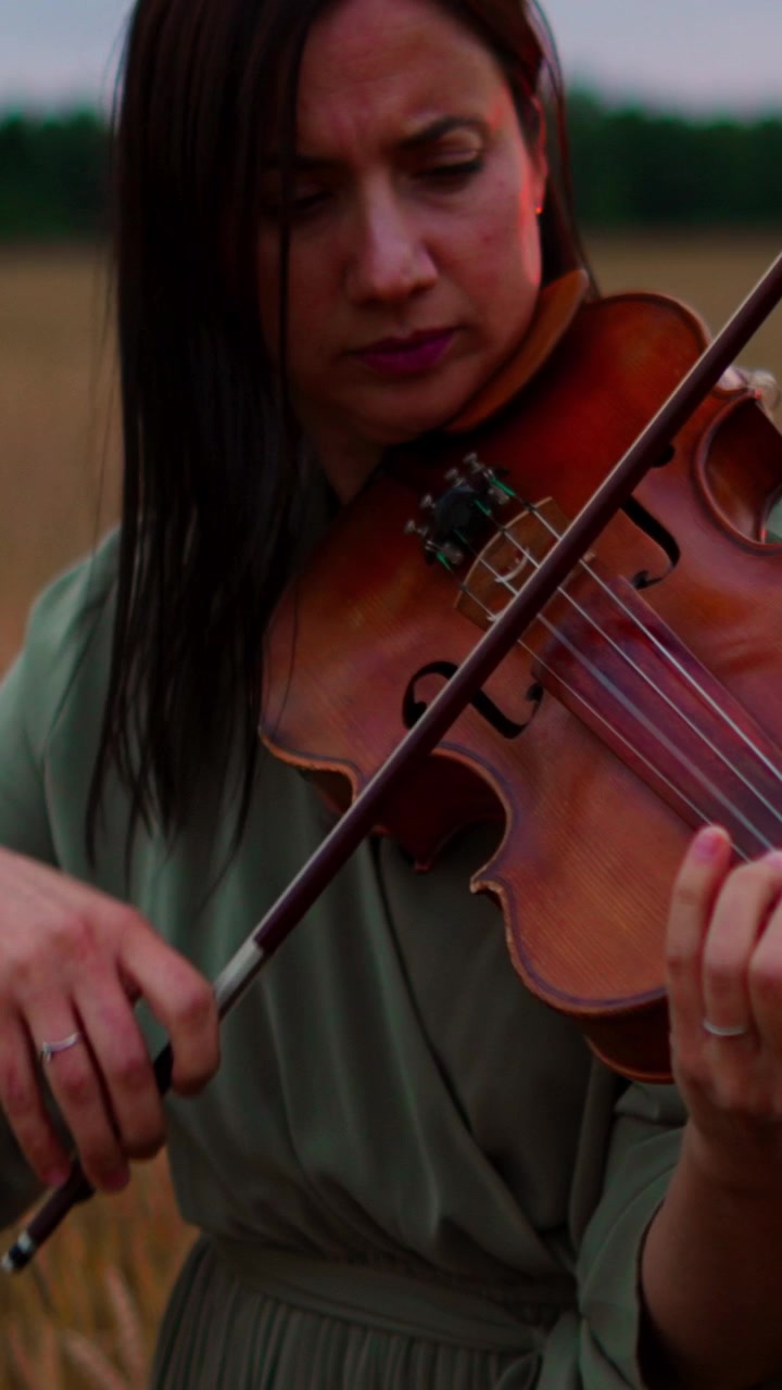 Mulher tocando violino em um campo ao pôr-do-sol