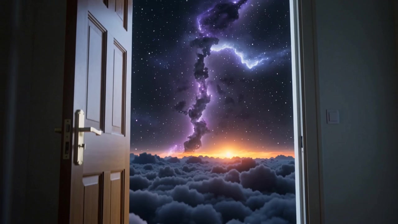 Åpner tredør som skyves innover i et hjem, avslører surrealistisk himmel, messinghåndtak, lysbryter