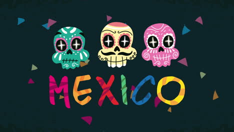 colorful sugar skulls and mexico text