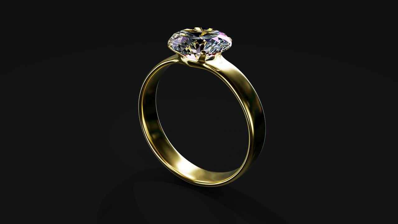 bella illuminazione anello di fidanzamento d'oro con diamante ruota su nero, isolato - video loop