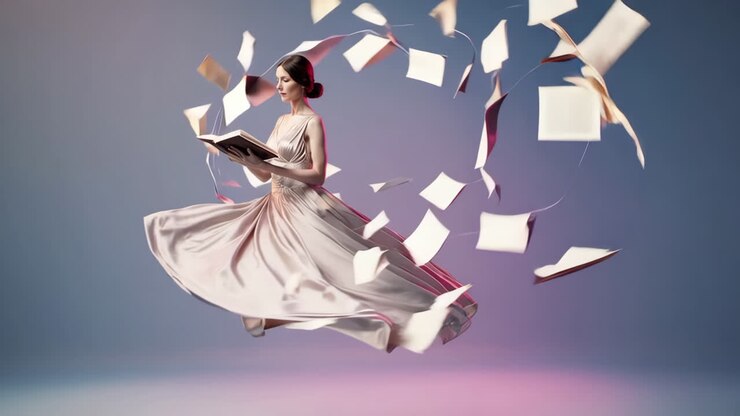 Donna elegante immersa in un libro con pagine che le vorticano intorno