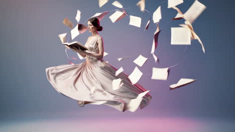 Elegant Woman Immersed in a Book with Pages Swirling Around Her