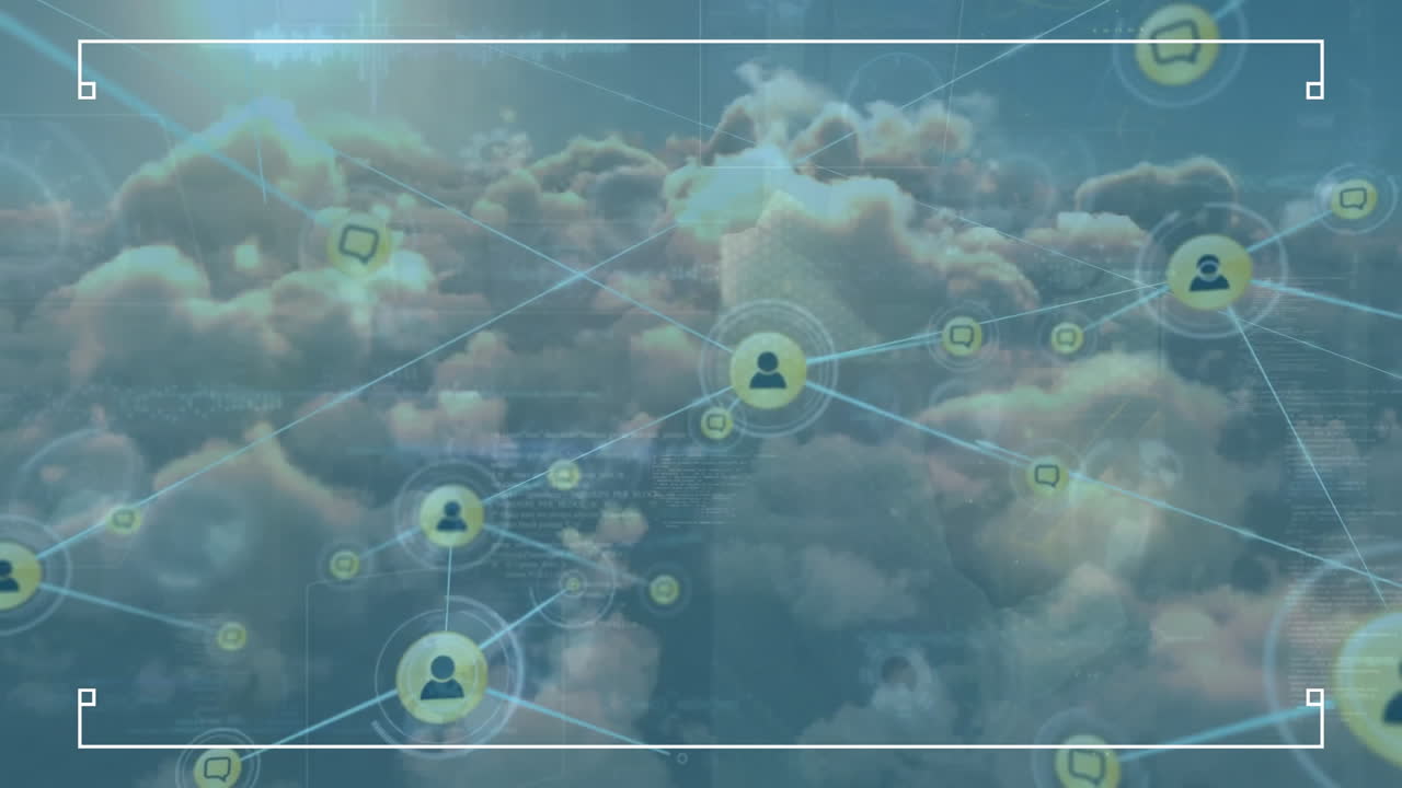 animación de la red de conexiones con iconos sobre nubes