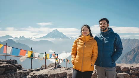 mountaineering companions wearing insulated outerwear reaching mountain peak, gazing across snowy landscape decorated with vibrant tibetan prayer flags stretching toward distant alpine ridgelines