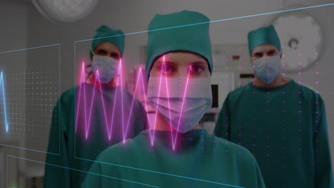 animación de un monitor de ritmo cardíaco contra un equipo de diversos cirujanos en el teatro de operaciones del hospital.