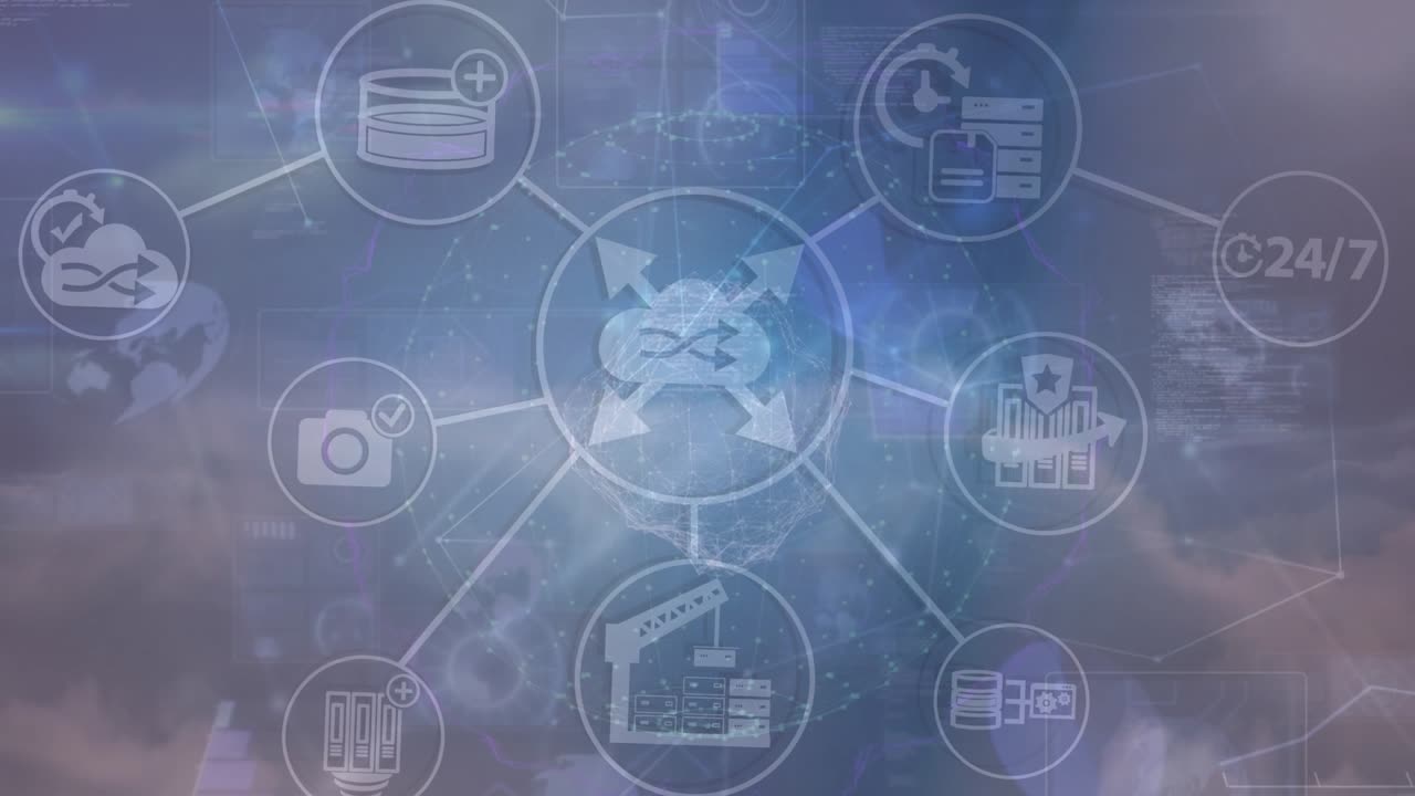 Animation of tech icons, globe, connections and clouds