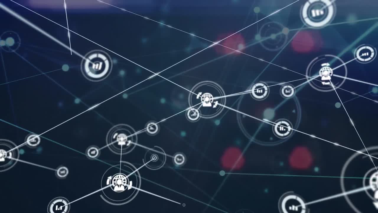 Animation of network of digital icons and plexus networks against aerial view of city traffic