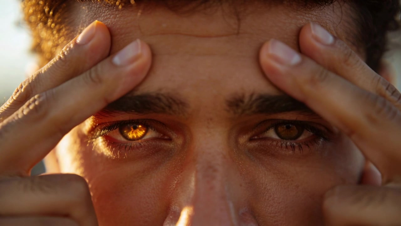 Uomo adulto che reagisce al riflesso dorato dell'iride sinistra, premendo e tirando le palpebre all'aperto, esponendo un bagliore.