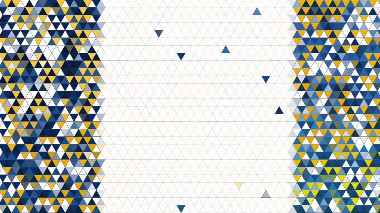 Two vertical bands of blue, yellow, and grey triangles on the edges with central white space. Triangle pattern borders on white background. Loop animation