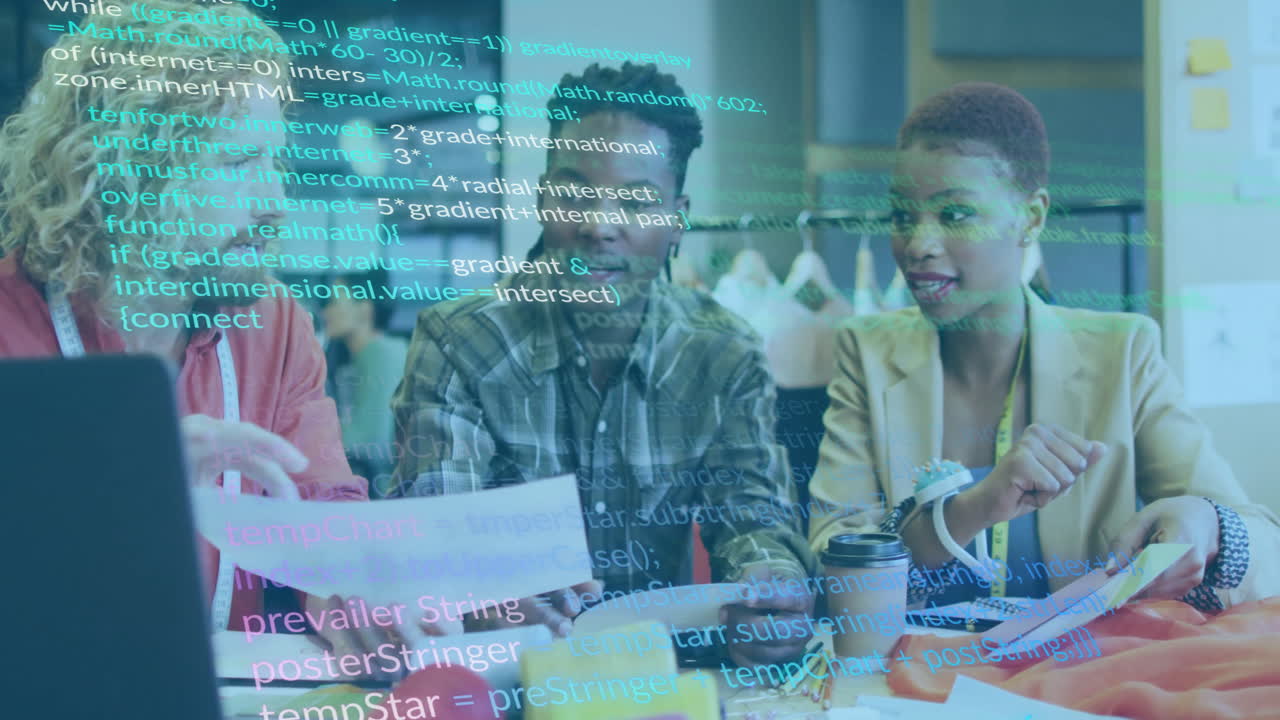 Diverse team collaborating over computer code animation in modern office environment