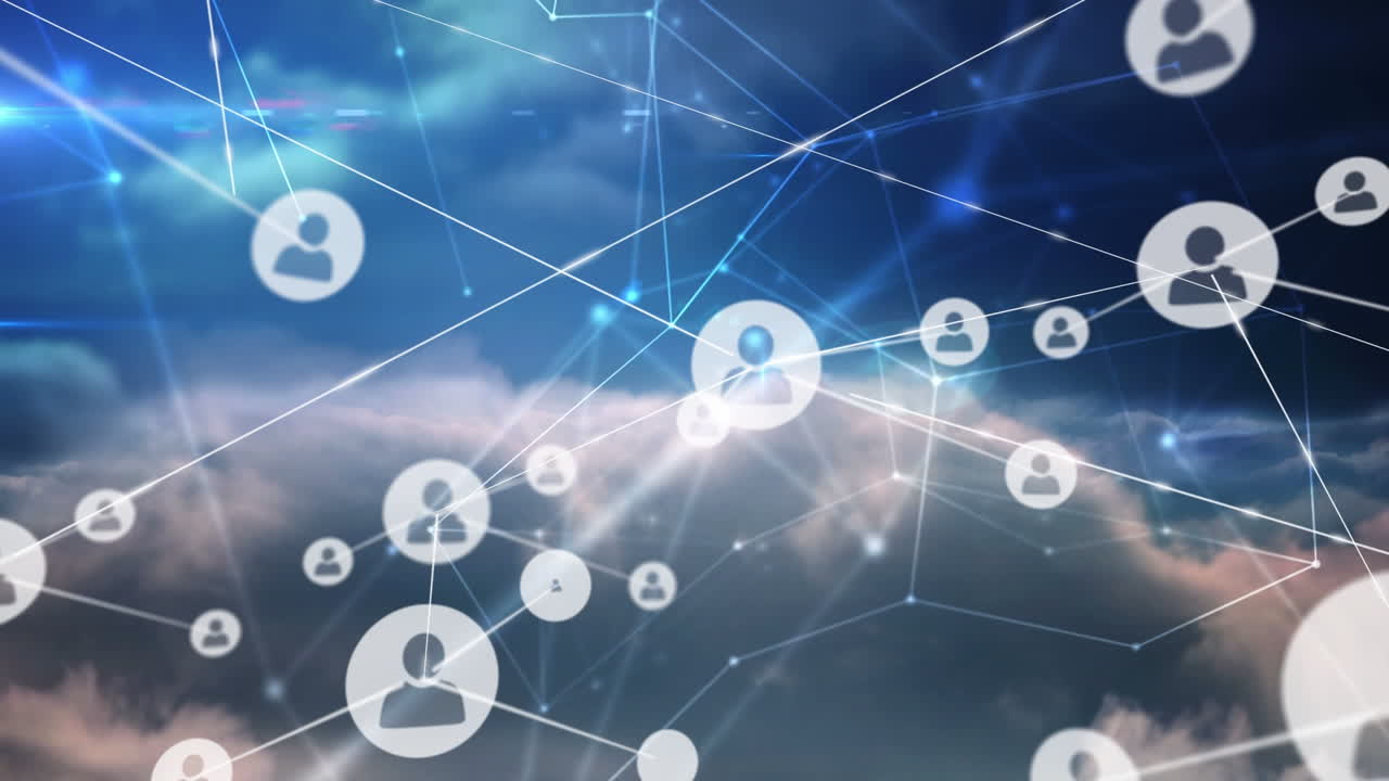 구름이 있는 하늘 위의 아이콘으로 연결된 네트워크의 애니메이션