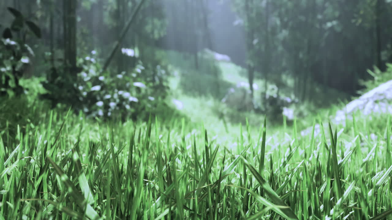 푸른 잔디 와 나무 들 이 빛 으로 빛나는 평화로운 숲