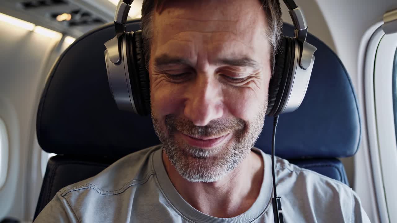 비행기 에서 음악 을 듣고 있는 사람