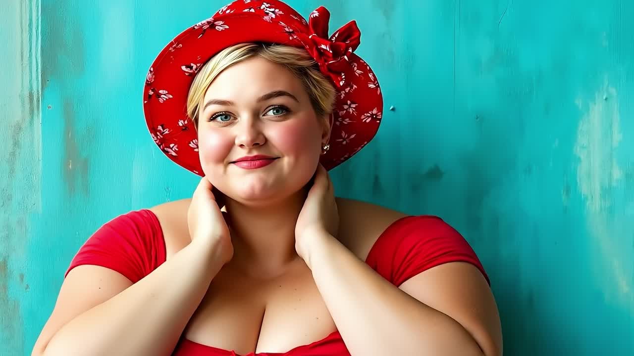A woman in a red dress and a red hat posing for a picture