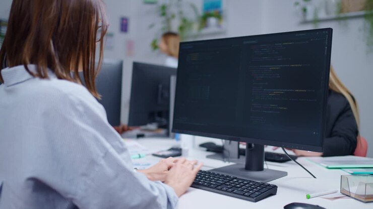 Wanita melakukan coding di meja di kantor.