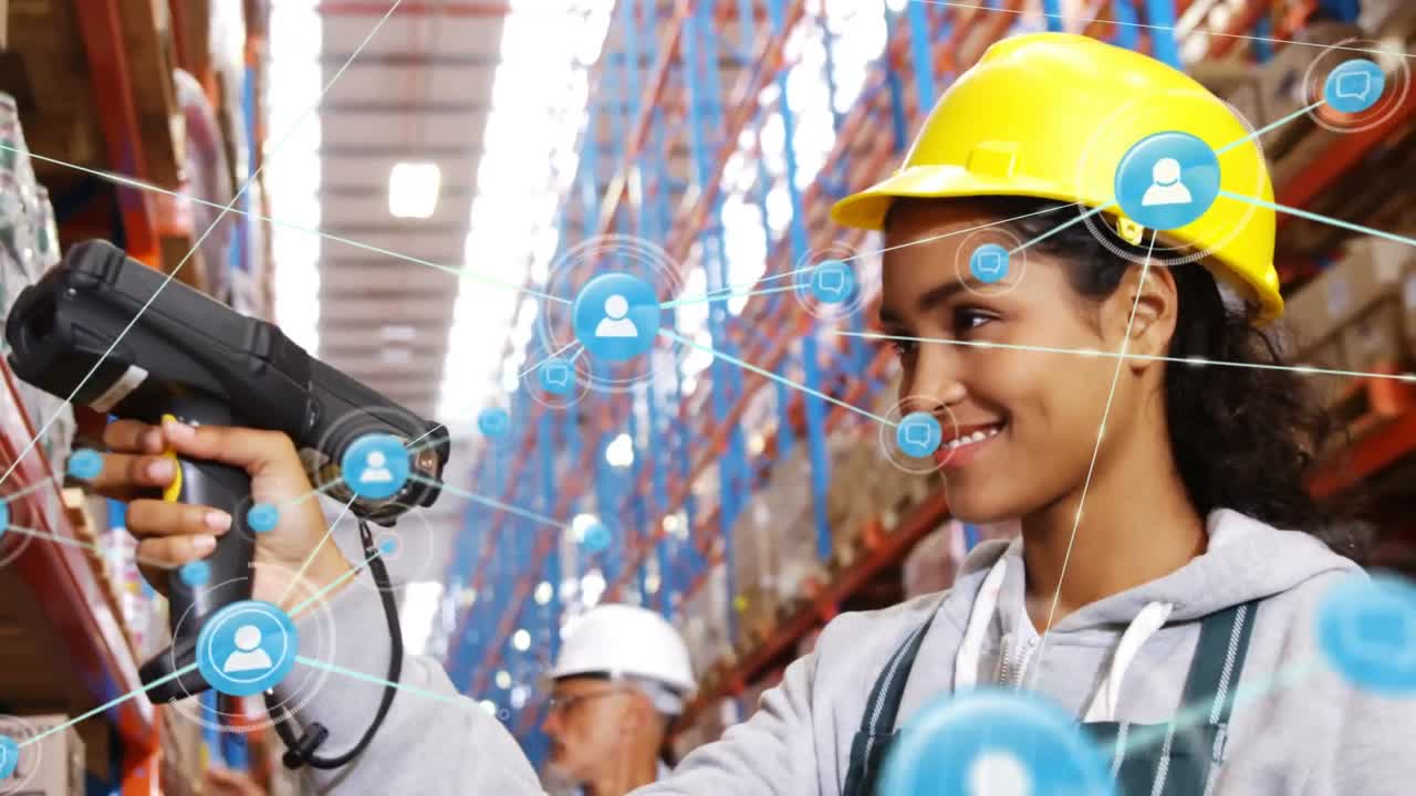 animación de redes de conexiones con iconos sobre la mujer que trabaja en el almacén