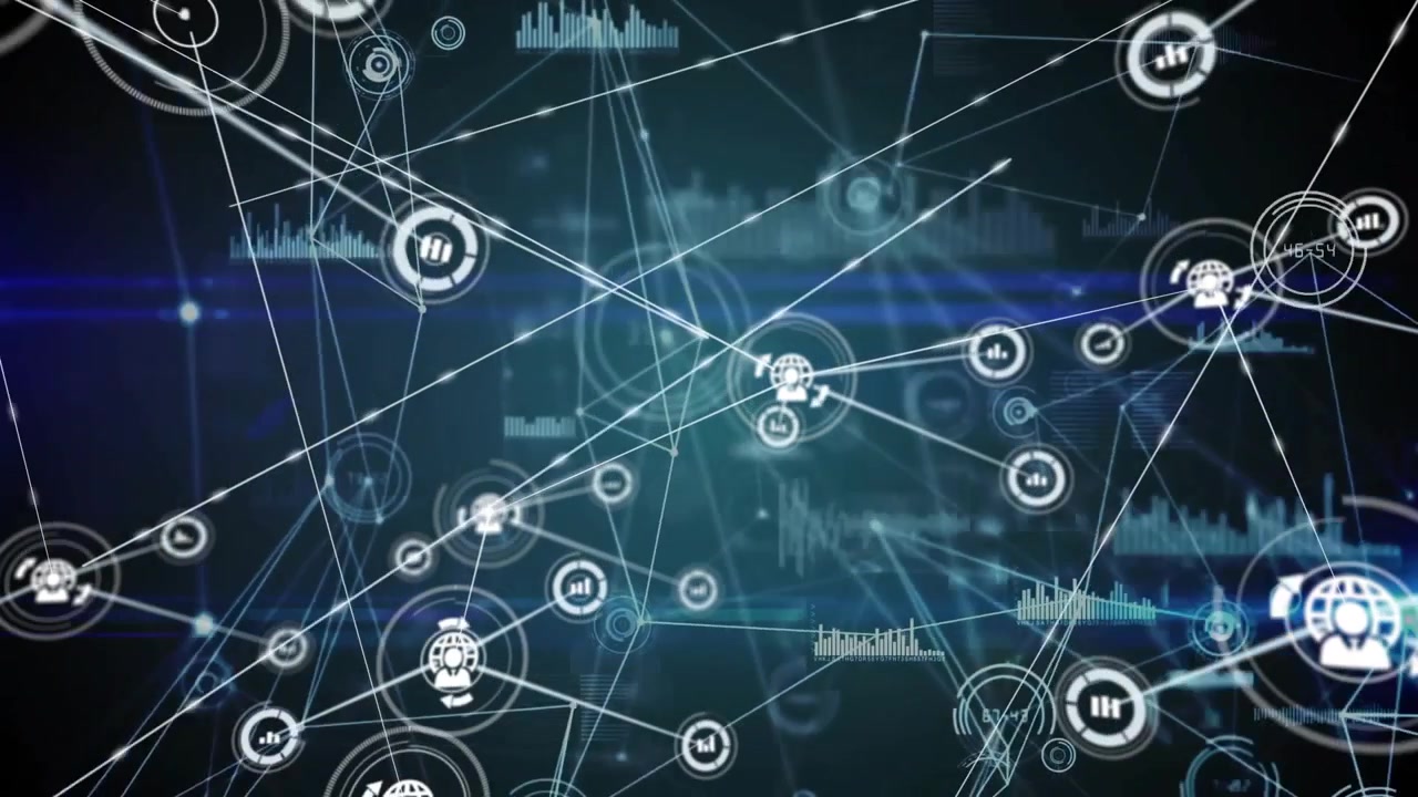 Glowing central node appearing, extending links, chart nodes linking, showing data connectivity