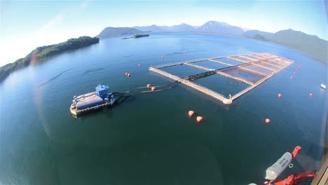 aerial of chilean fish farms containing atlantic salmon near chait̩n in northern patagonia in southern chile
