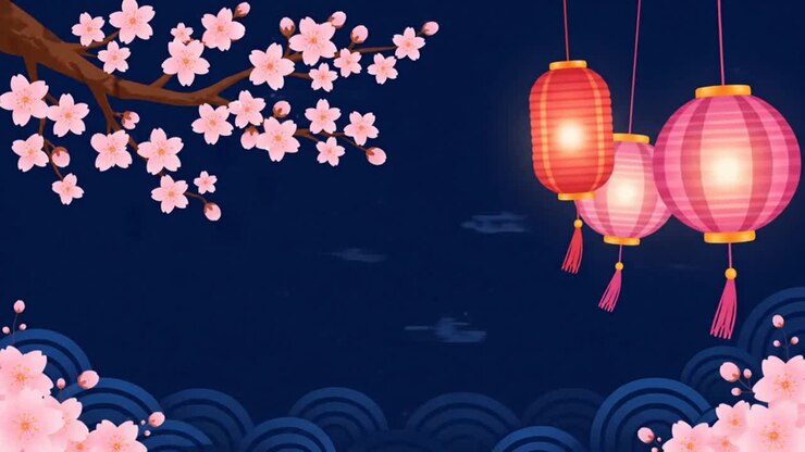 Japanese Night Scene with Cherry Blossoms and Paper Lanterns
