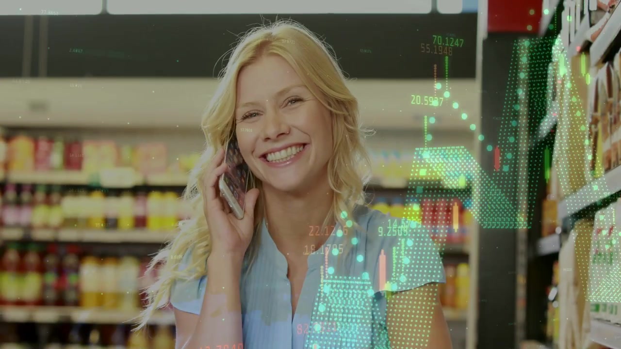 Female shopper holding phone to ear and scanning shelf, call causing finance charts checking prices