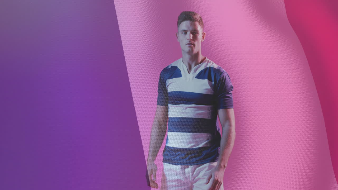 animación de la bandera de francia sobre un jugador de rugby caucásico atrapando la pelota