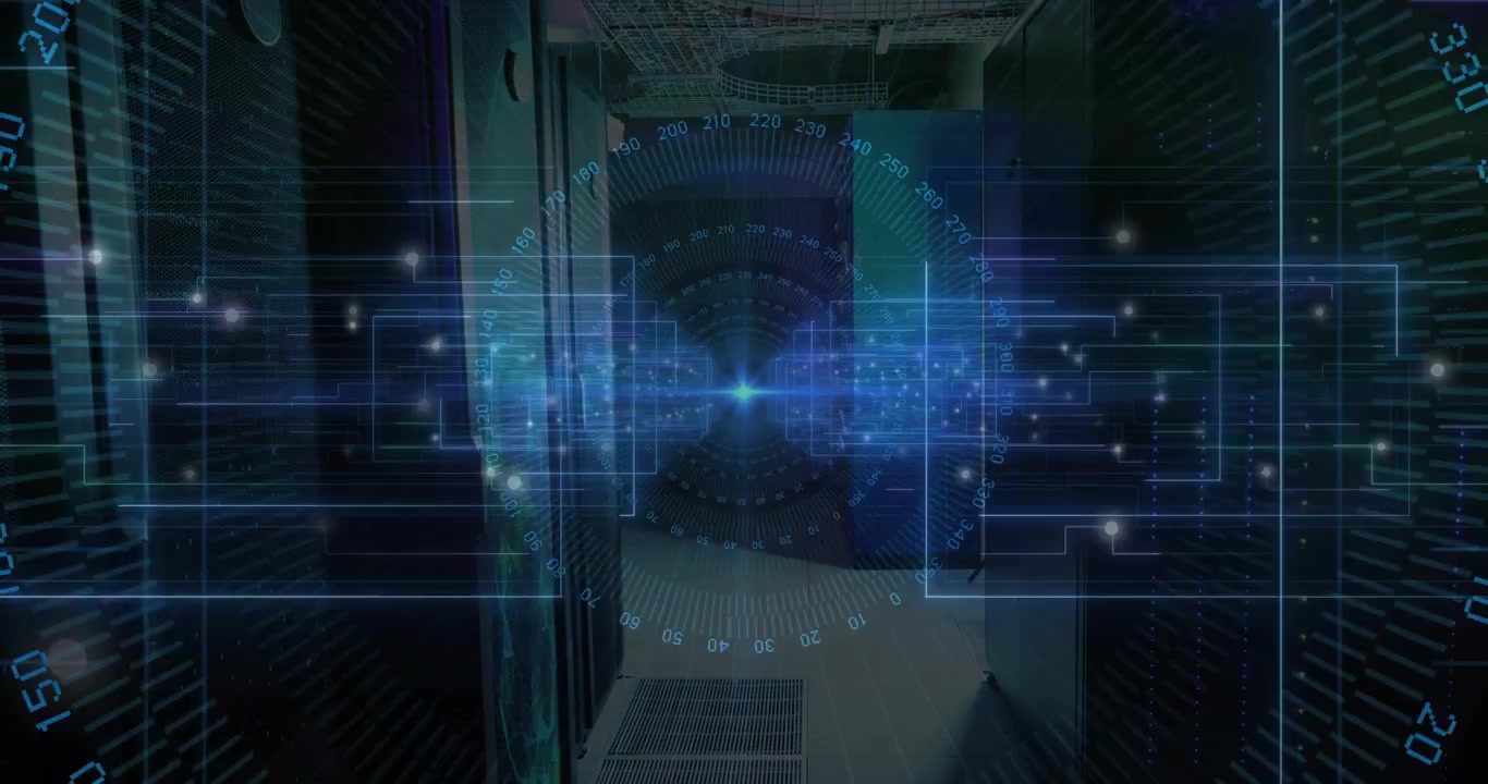 Blue scan initiating rotating numbers and sliding panels in server corridor to visualize data