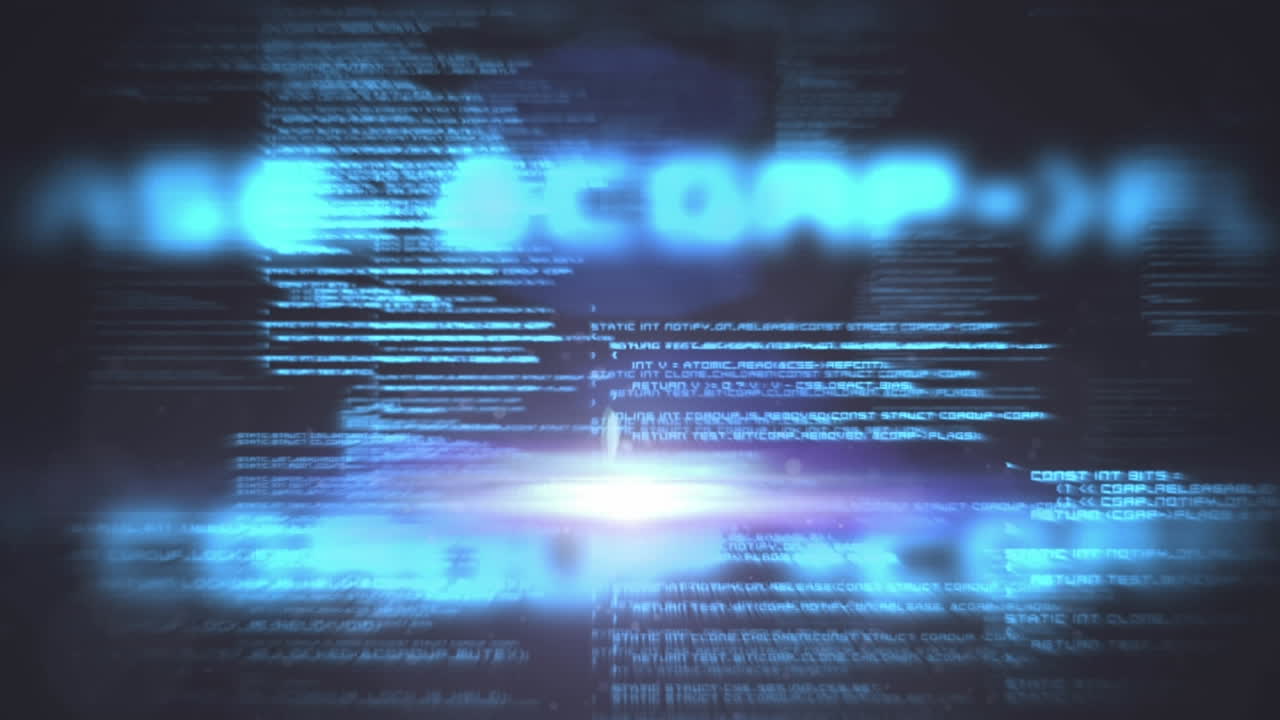 Animation of lens flare and lopping programming languages over black background