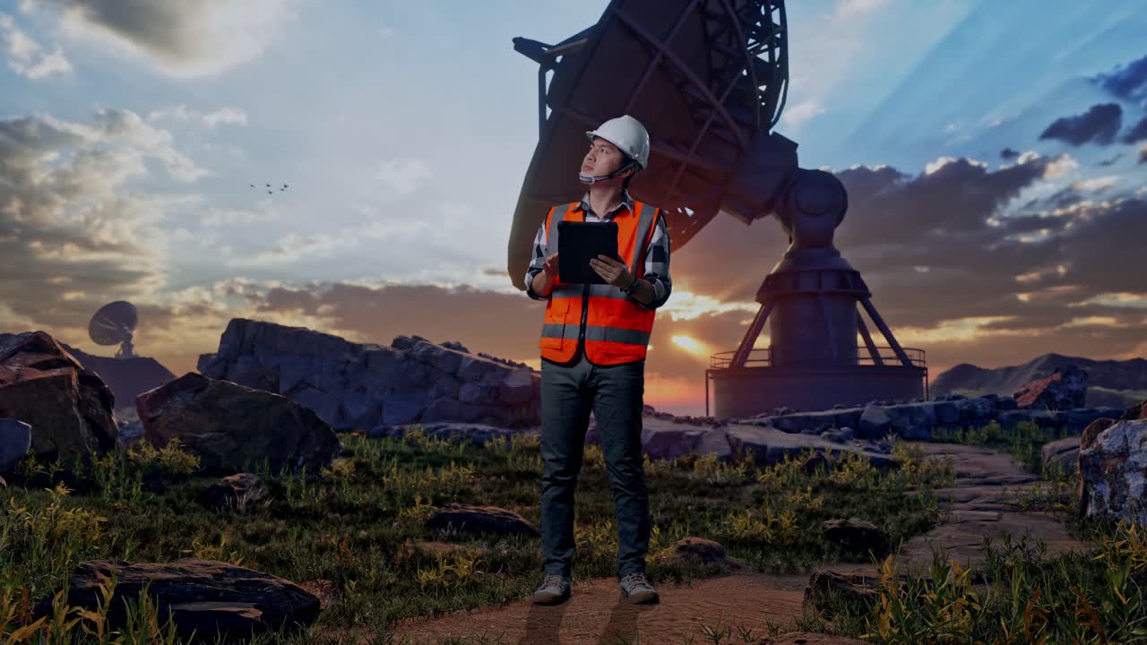 Full Body Of Asian Male Engineer With Safety Helmet Looking At The Tablet In His Hand And Looking Around While Standing With Large Satellite Dish