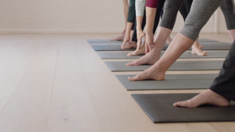 Cerrar-Las-Manos-Clase-De-Yoga-De-Mujeres-Maduras-Ejercitando-Una-Práctica-De-Meditación-Saludable-Pose-De-Trengle-Disfrutando-Del-Entrenamiento-Físico-Matutino-En-El-Estudio