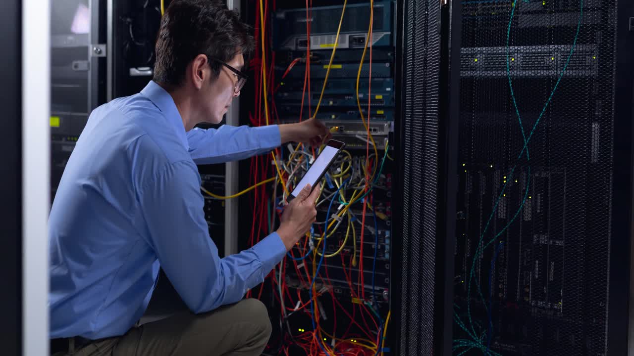 video de un ingeniero informático asiático usando un teléfono inteligente comprobando el servidor de la computadora