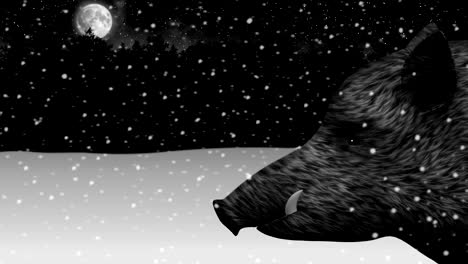 wild boar in a night snowy winter forest animation