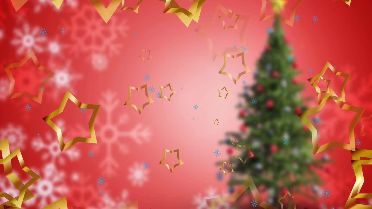 animación de estrellas de navidad cayendo sobre el árbol sobre fondo rojo