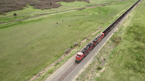 aerial tracking shot looking down on end of coal train traveling through colorado farmland