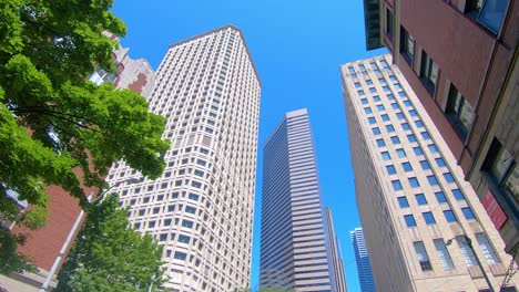 High-rising-business-buildings-in-centre-of-Seattle,-low-POV