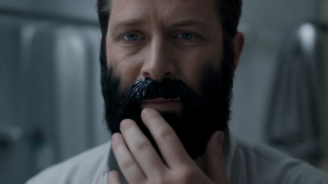 Spotting dark product, man in light shirt touching beard in bathroom mirror, checking coverage