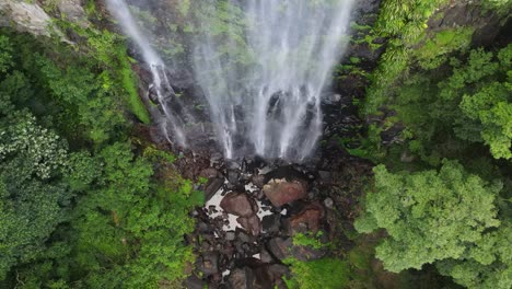 revealing drone view of o'reilly's waterfall cascading down a sheer rock cliff surrounded by lush tropical rainforest