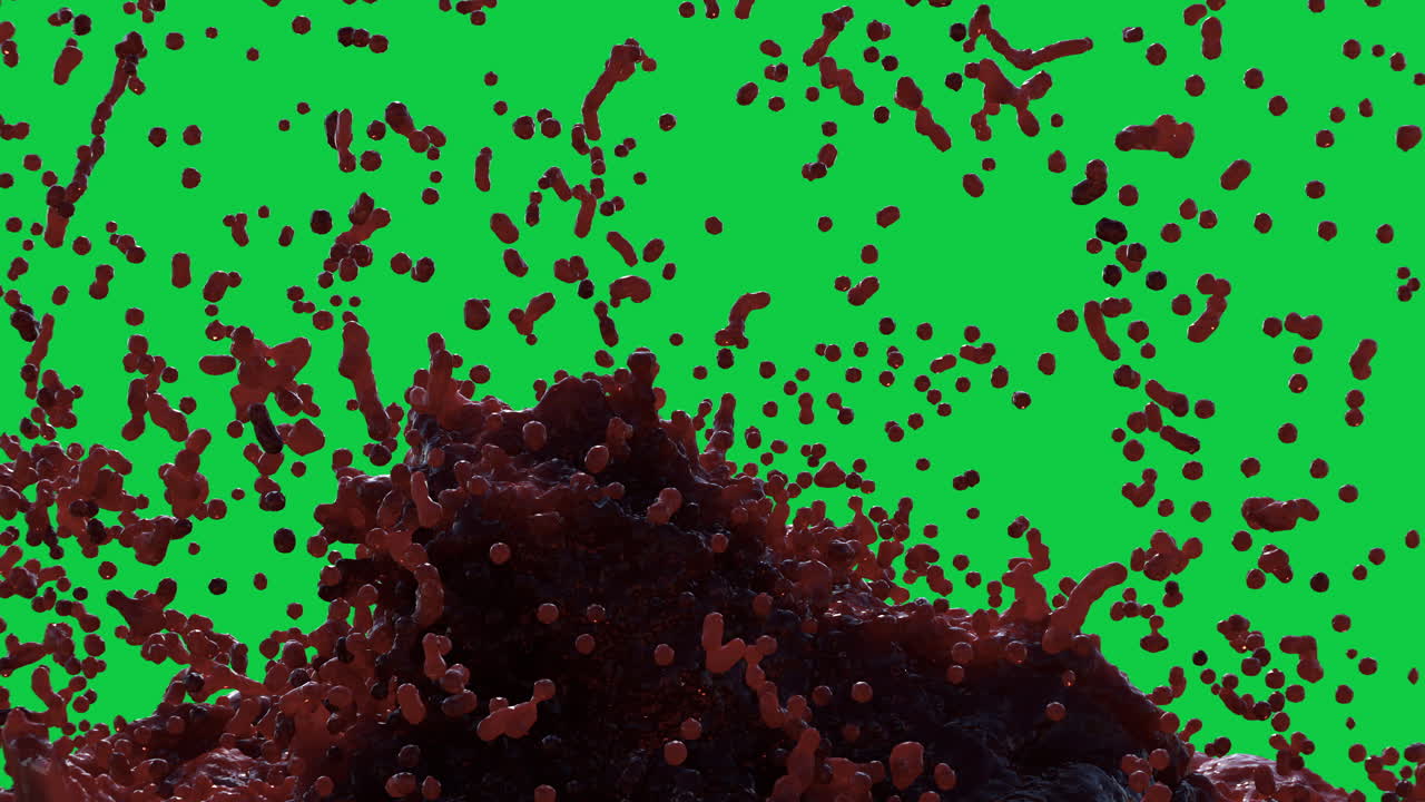 A simulation of a burst of orange juice flowing and splashing on green screen and white background with ripples, reflections and turbulent movement.
