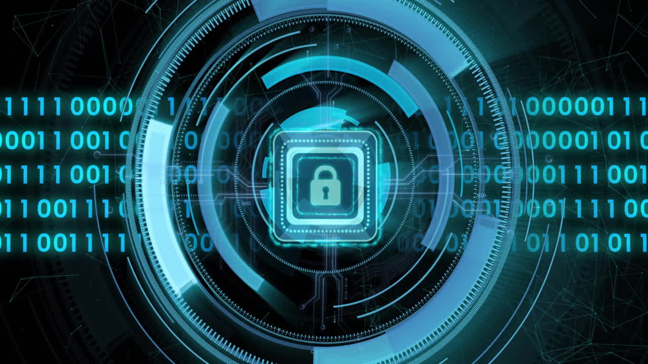 Animation of scope scanning with data processing over padlock icon on black background