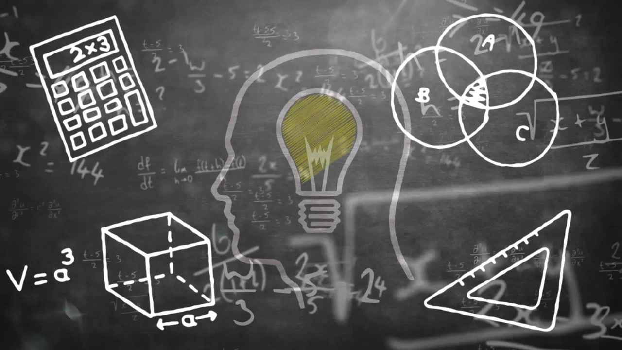Animasi kalkulator, kubus, timbangan, dan bola lampu dalam representasi manusia serta persamaan matematika.